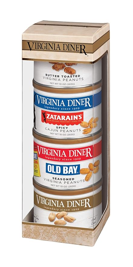 Virginia Diner Tower of Traditions Gift Set, Salted, Butter Toasted, Cajun, Old Bay, Gifts from Virginia Basket 10 Ounce (Pack of 4)