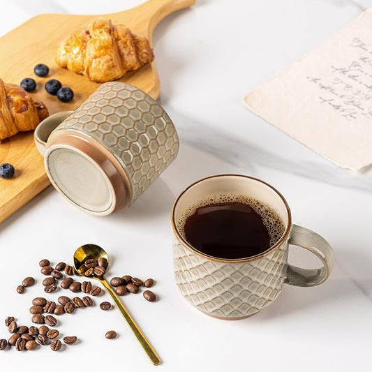 GBhome 15OZ Stackable Coffee Mugs, Ceramic Coffee Mugs with Texture Patterns for Man,Woman,Dad,Mom, Modern Coffee Mugs Set of 4 for Latte/Cappuccino/Cocoa. Dishwasher&Microwave Safe, Pale Khaki