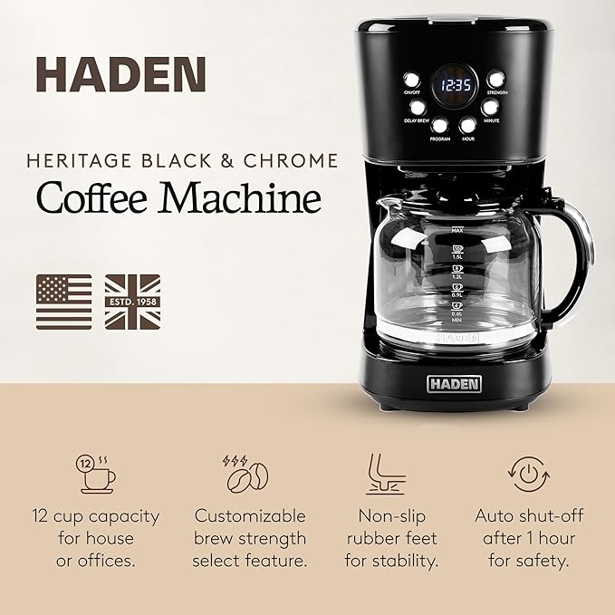 Haden Coffee Machine, 12 Cup Programmable Drip Coffee Maker with Auto Shut-Off Function and Reusable Washable Water Filter, Black & Chrome