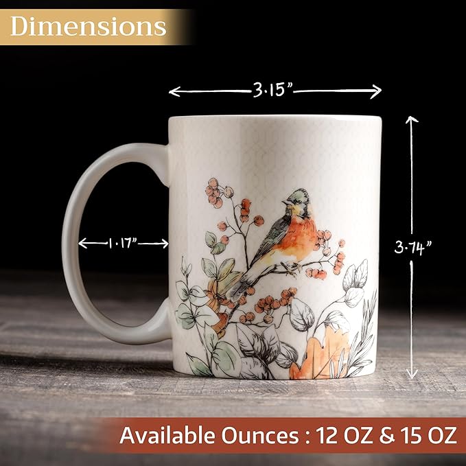 Maison d' Hermine Coffee Mug with Handles Fine Bone China Mugs Pack of One Tea Cups for Hot Beverages Cappuccino Latte Home Office Perfect for Gift (Whitish Shabby Chique - Winter Berries, 12 Ounce)