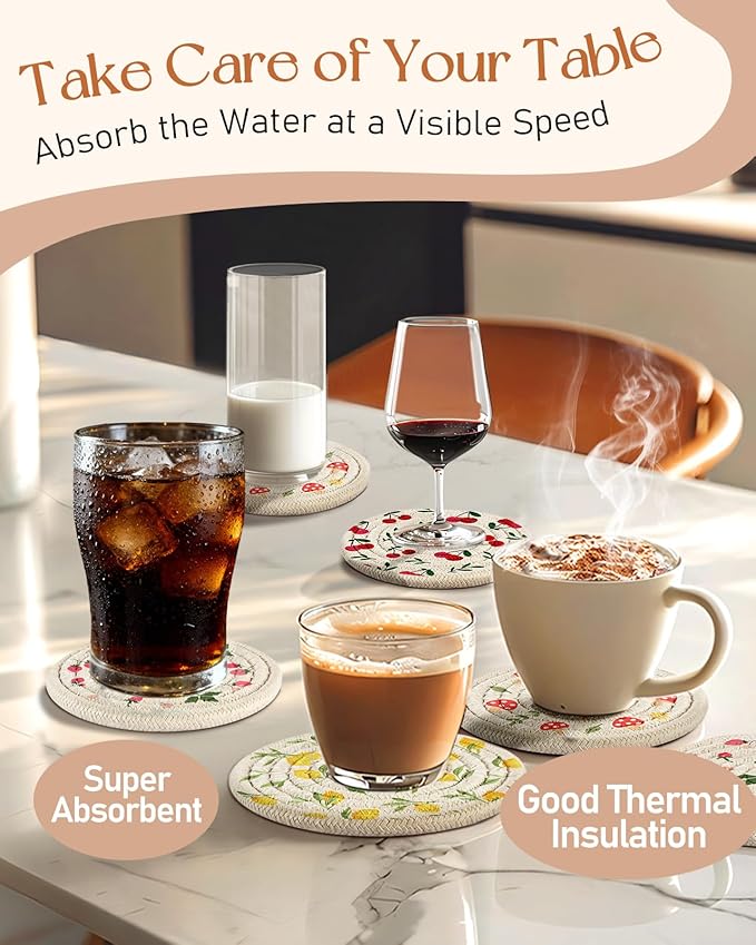 Drink Coasters Set of 4 - Cute Absorbent Cup Coasters for Drinks Coffee Table Office Home Desk Decor Soft Woven Cotton Cloth Braided Fabric Drinking Cup Mat with Holder Mushroom Cherry Fruit