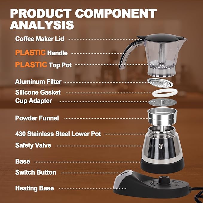 Electric Moka Pot 6 Cup 300ml Plastic Transparent Stovetop Espresso Maker Portable Stainless Steel Mocha Pot Percolator Italian Coffee Makers Greca Machine Cafe Classic for Home Camping
