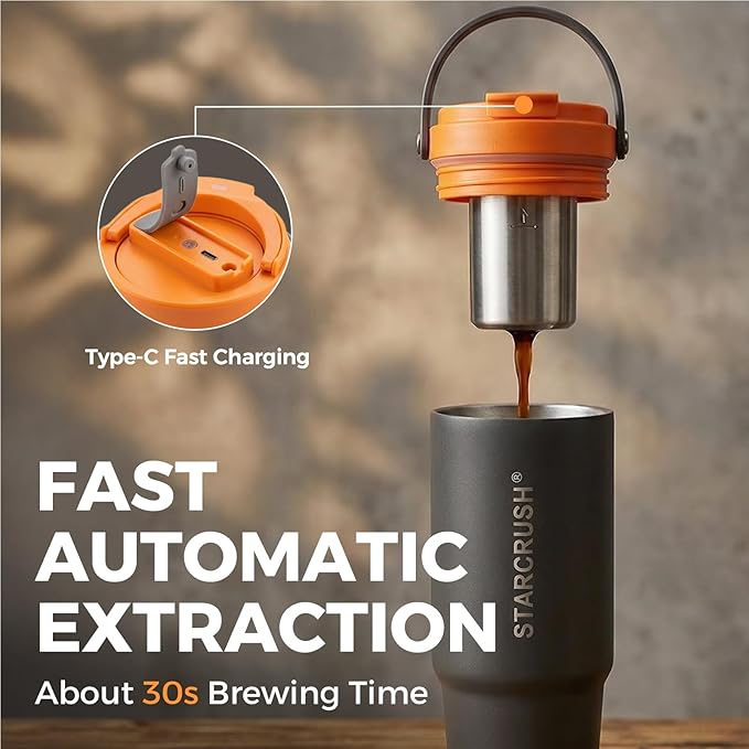 Portable Electric Espresso Maker, 30oz Insulated Stainless Steel Extraction Coffee Cup,Fast Brew with Pressure, Rechargeable, Leak Proof, BPA Free, Ideal for Travel,Commute and Office