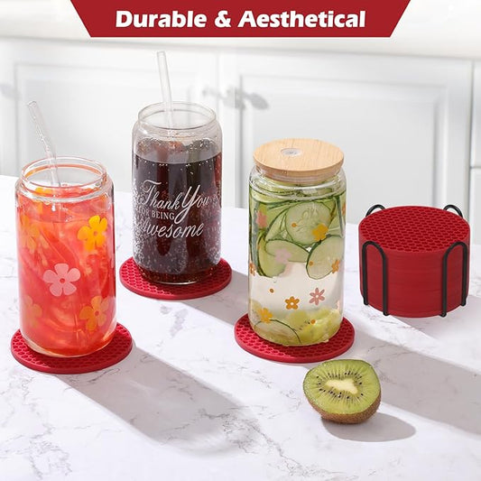 Coasters Set of 6 with Holder,Coasters for Drinks,Coffee Table Decor Coaster,Suitable for Kinds Cups,Anti-Slip,Non-Stick,Silicone Cup Coaster and Living Room Decor (6 Pcs, Wine red)