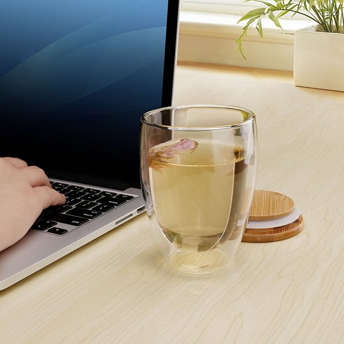 Glass Mug Set of 2, 12 Ounces Each, Double Wall Insulated Drinking Cup with Bamboo Lid, Also Good as Tea, Coffee and Wine Cups. Keeps Warm and Cold Drinks Longer. Comfortable to Touch