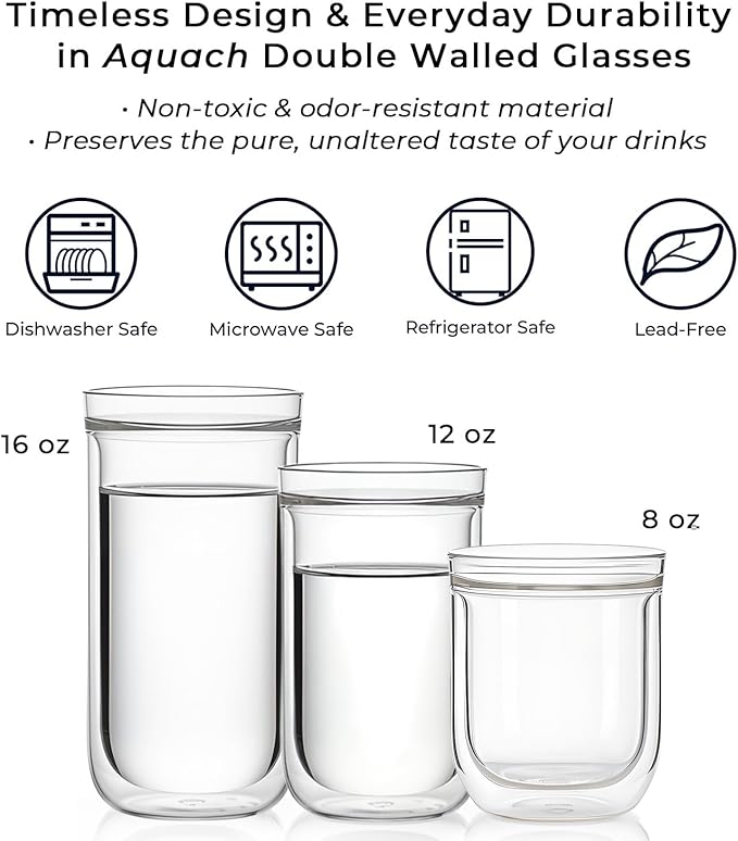 Aquach 12 Oz Double Walled Glass Coffee Mugs, Clear Glass Tea Cups, Microwave and Dishwasher Safe Home Office Insulated Cups Perfect for Americano Latte Hot&Cold Beverages, 2-Pack