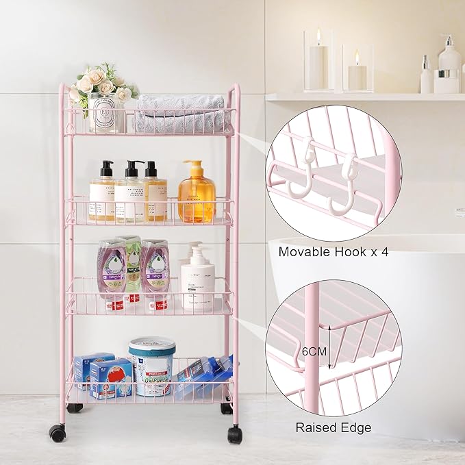 PLKOW 4-Tier Metal Rolling Utility Cart, Multi-Functional Storage Cart for Office, Living Room, Kitchen, Bathroom, Lightweight Organizer Cart with Wheels, Pink