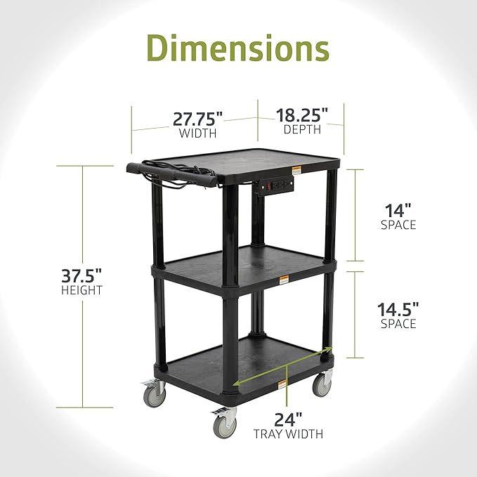 Pearington 3-Shelf Mobile Utility Cart with 3 Outlets and 8' Cord, Heavy-Duty Service Cart for Offices and Warehouses with 3 Shelves, Black, 2 Pack