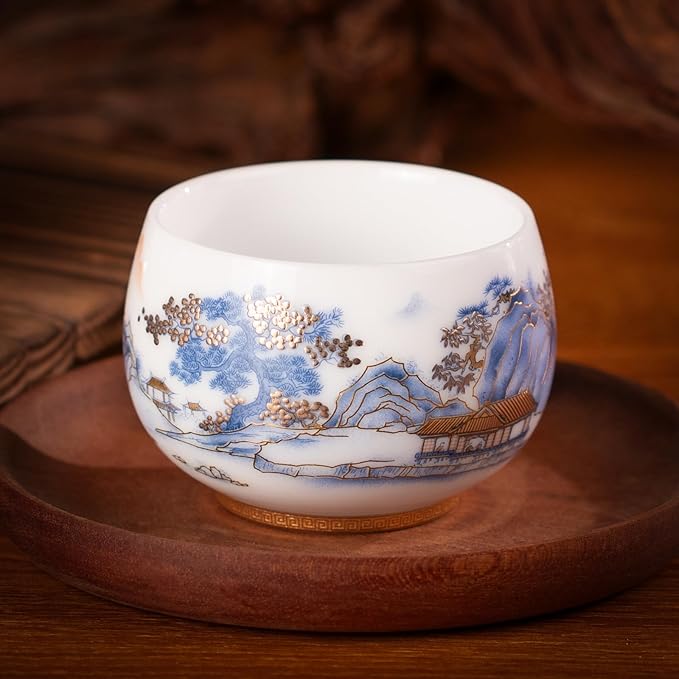 KAMMAK Ceramic Tea Cups Small, Cute Vintage Coffee Cup Set of 2, Porcelain Teacups Espresso Mug, 6.3oz Hand Painted Chinese Afternoon Tea Party Mugs, Birthday Gift for Women Men, Imperial Arhat
