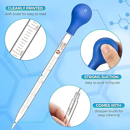 Weewooday Glass Droppers Pipettes Graduated Lab Dropper Glass Liquid Pipette with Big Rubber Hats 20 cm Stir Rod Washing Brush Transfer for Liquid Essential Oil(16 Pieces,Blue,5 Ml, 10 ml)