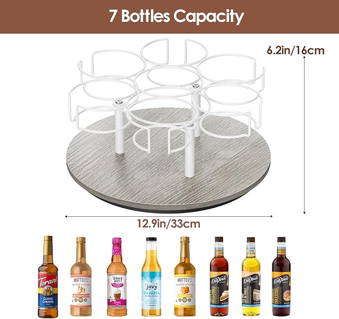 Kssiaz Rotating Coffee Syrup Organizer, 7 Bottles Coffee Syrup Rack for Countertop Syrup Bottle Holder Stand for Coffee Bar Station, Carbon Steel Frame with Wooden Base Coffee Bar Accessory, White