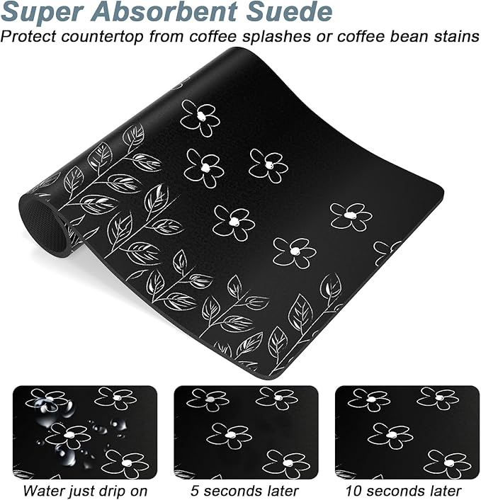 Rnivvi Coffee Mat, 12" x 19" Cute Coffee Bar Mats for Espresso Machine Station Accessories and Organizer, Hide Stain Rubber Backed Absorbent Dish Drying Pad for Kitchen Counter, Black White Flowers
