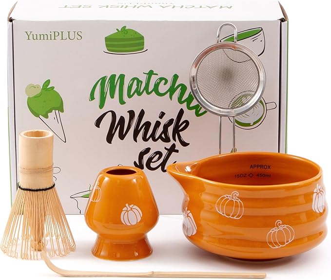 5pcs Pumpkin Matcha Set,Ceramic Bowl with Spout and Bamboo Whisk set, Ceremonical Matcha Kit for breakfast/latte,Tea Starter Making Kit,Unique Matcha Halloween Thanksgiving Gift set (pumpkin)
