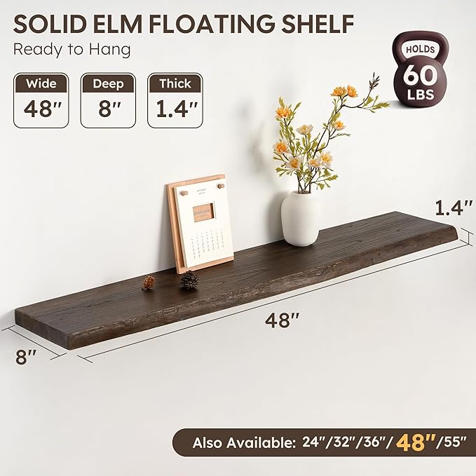 48" Rustic Elm Floating Shelves - Solid Wood Live Edge with Invisible Brackets, Wall Mounted Shelf for Living Room, Kitchen & Bathroom Decor, Brown