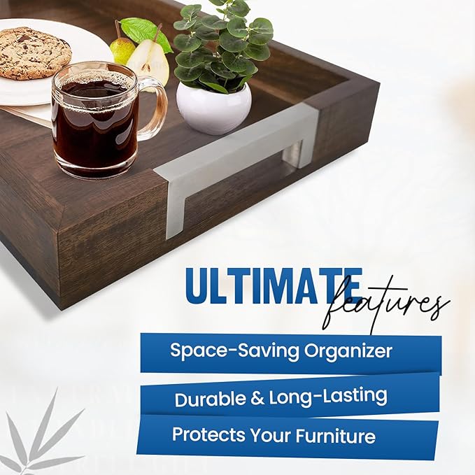 Large Wooden Ottoman Tray with Handles for Serving Food, Decorative Serving Platter for Breakfast, Dinner & Bar, 17.5x11.8 in Rustic Storage Tray for Kitchen, Bedroom & Gift Packaging