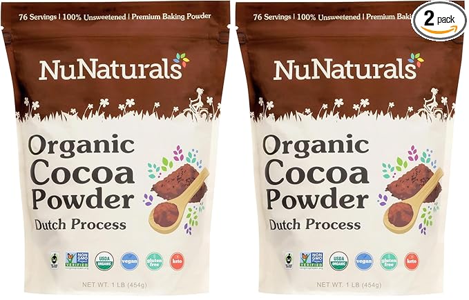 NuNaturals Unsweetened Organic Fair Trade Cocoa Powder, Premium Dutch-Process For Drinking and Baking, 1 lb (Pack of 2)