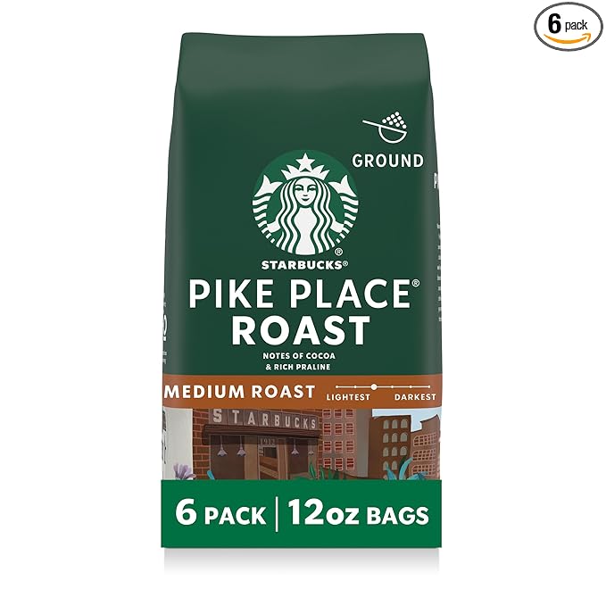 Starbucks Ground Coffee, Medium Roast Hot or Iced Coffee, Pike Place Roast, Six 12 oz Bags