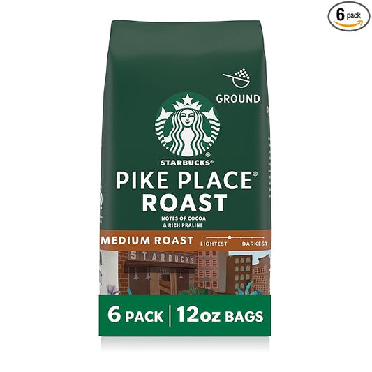 Starbucks Ground Coffee, Medium Roast Hot or Iced Coffee, Pike Place Roast, Six 12 oz Bags
