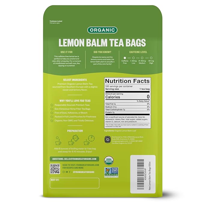 FGO Organic Lemon Balm Tea, 100 Count, Eco-Conscious Herbal Tea Bags, Resealable Bag, Caffeine Free, Packaging May Vary (Pack of 1)