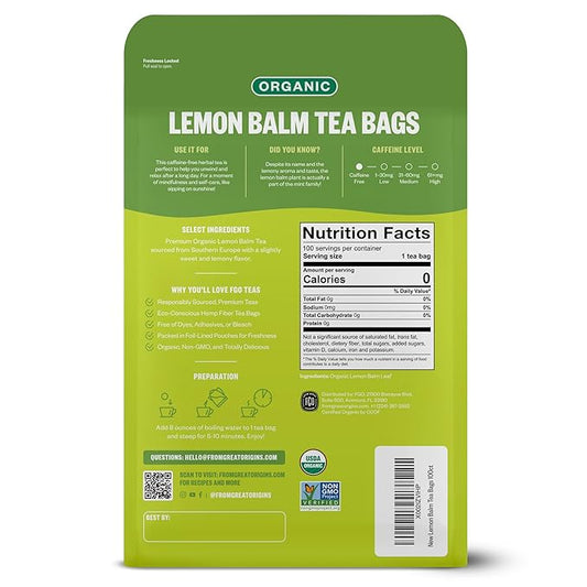 FGO Organic Lemon Balm Tea, 100 Count, Eco-Conscious Herbal Tea Bags, Resealable Bag, Caffeine Free, Packaging May Vary (Pack of 1)