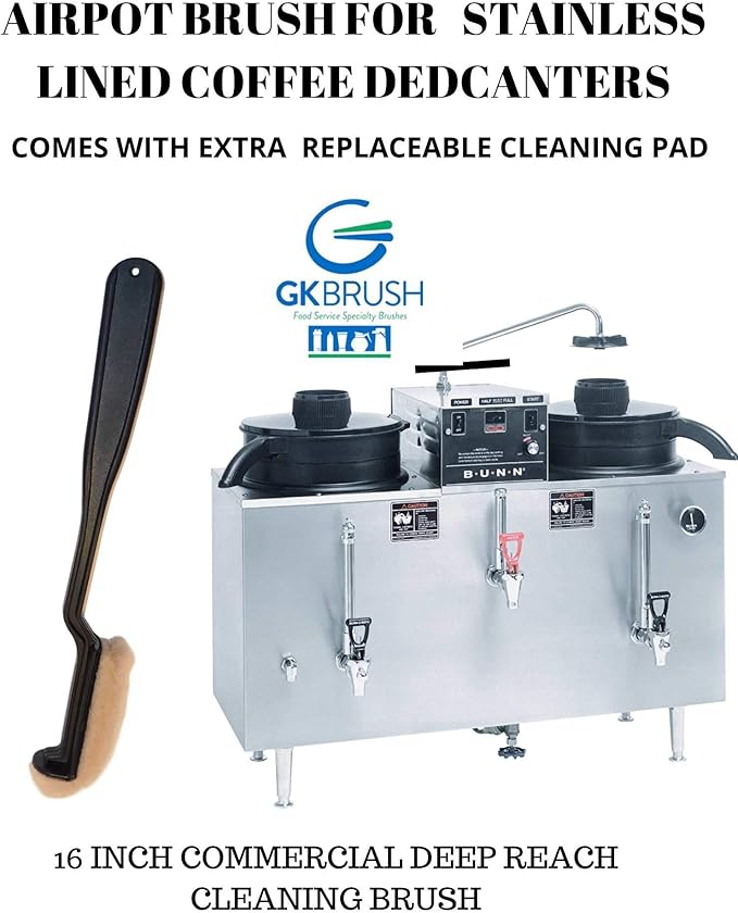 LONG HANDLE 16" COFFEE AIR POT/DECANTER URN CLEANING BRUSH FOR STAINLESS LINED THERMAL CARAFES COMMERCIAL USE UNBREAKABLE REPLACEABLE CLEANING PAD