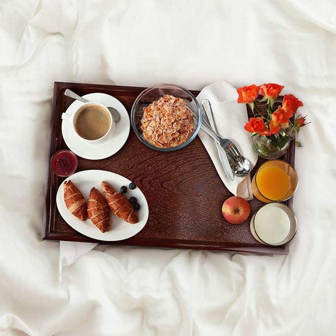 MDLUU Plastic Serving Tray, Ottoman Tray with Cutout Handles, Rectangle Butler Tray for Breakfast in Bed, Coffee Table Decor, Party (Red Brown)