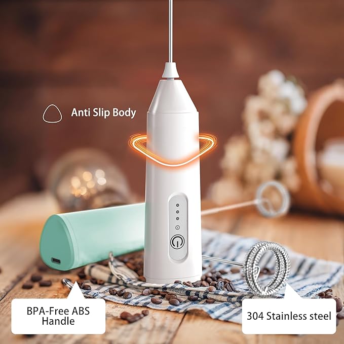 Puraville Rechargeable Milk Frother Handheld, 3 Speeds Electric Whisk Drink Mixer with Stand, Type-C Charging BPA Free for Coffee, Latte, Cappuccino, Egg, Cream, White