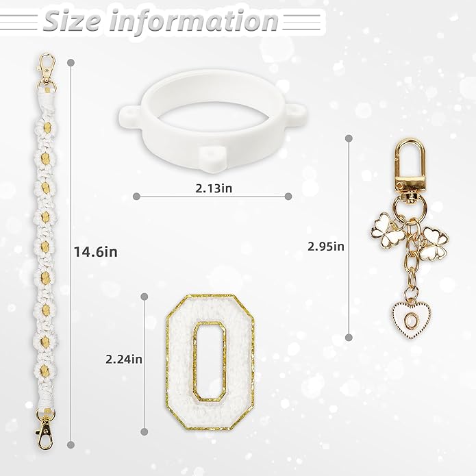 Compatible with Owala Water Bottle Accessories, Cute Letter Charm Set with Boho Handle Strap, Monogram Sticker, Silicone Ring, Keychain Decoration, for FreeSip 24 32 40oz, Owala Kids, Tumbler Gift