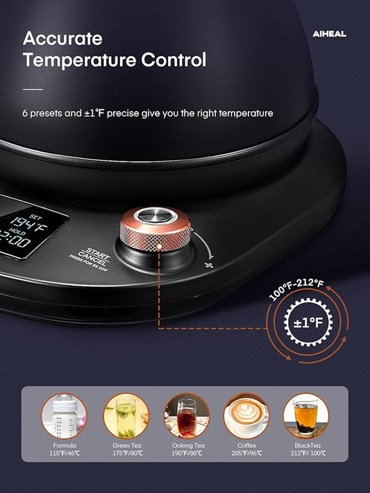 Electric Gooseneck Kettle Temperature Control, Pour Over Electric Kettle for Coffee and Tea, 100% Stainless Steel Inner, 1200W Rapid Heating, 0.8L, Built-in Stopwatch, Matte Black