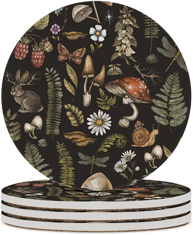 Botanical Drink Coasters, Round Ceramic Drink Coaster Round-4PCS, Vintage Plant Botanical Cartoon Mushroom Flower Decor Absorbent Ceramic Coasters for Beverage Cup, Bar, Coffee Table