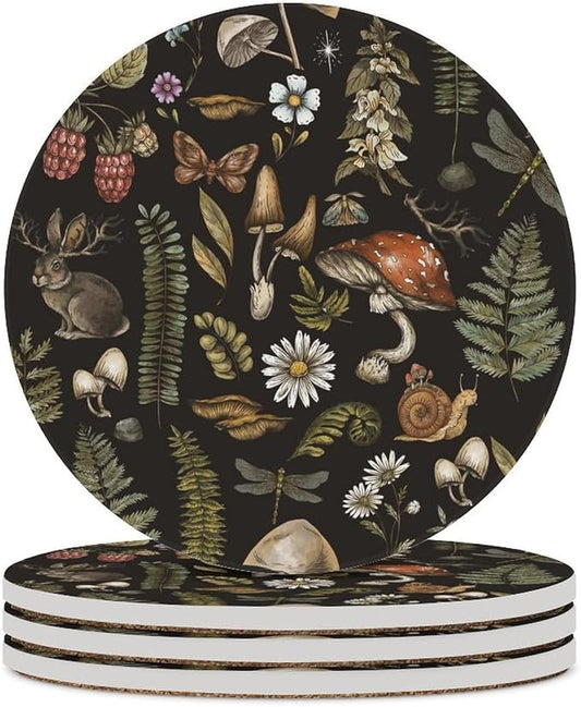 Botanical Drink Coasters, Round Ceramic Drink Coaster Round-4PCS, Vintage Plant Botanical Cartoon Mushroom Flower Decor Absorbent Ceramic Coasters for Beverage Cup, Bar, Coffee Table