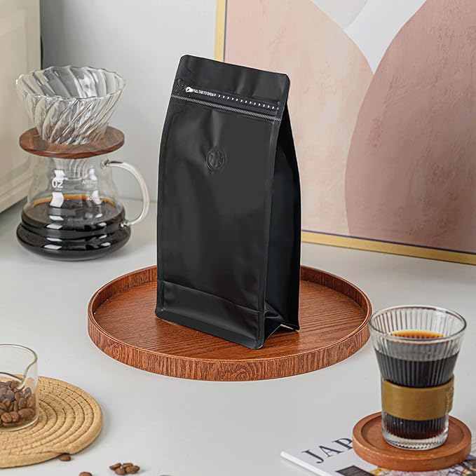 50 Pcs 0.5lb Balck Long Coffee Bean Bags with Valve, Easy Tear Open & Repeating Sealed Zipper, Heat-Seal Stand Up & Flat Bottom Coffee Bag, 8oz Capacity 5.1x7.8 Inch