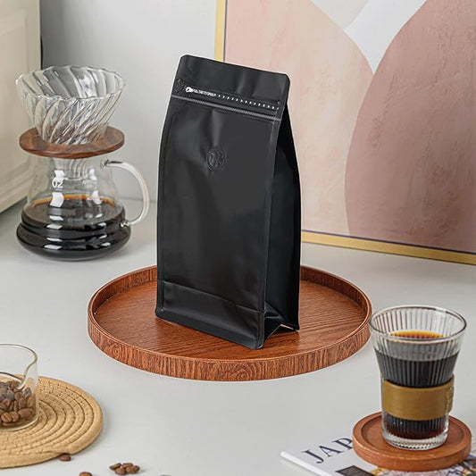 50 Pcs 0.5lb Balck Long Coffee Bean Bags with Valve, Easy Tear Open & Repeating Sealed Zipper, Heat-Seal Stand Up & Flat Bottom Coffee Bag, 8oz Capacity 5.1x7.8 Inch