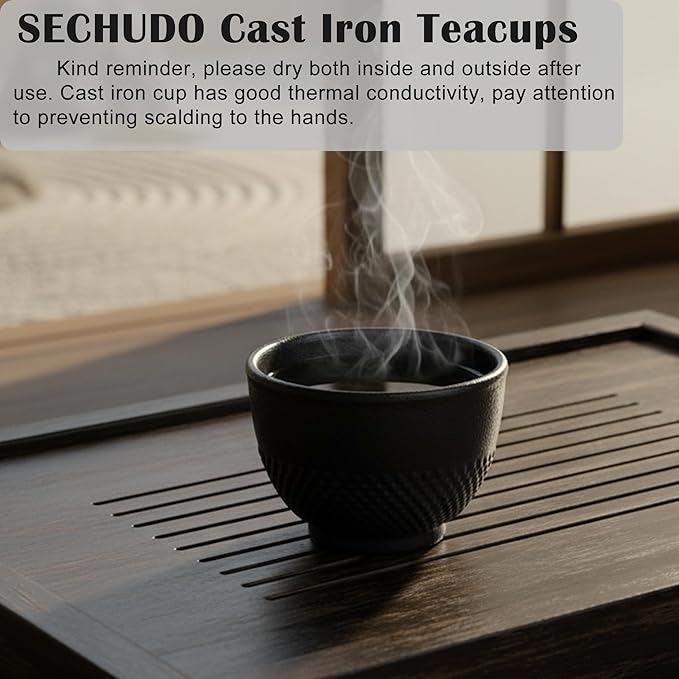 Japanese Cast Iron Tea Cups, Small and Heavy Teacups with no Handles, Japanese Style Cups for Adults, Asian Tea Cups, Coated with Enameled Interior, 4 Pcs/Box (Black, 5oz/150ml)
