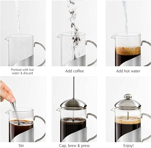 OVENTE French Press Coffee Maker 20 Ounce with Heat Resistant Borosilicate Glass, Stainless Steel Design and 4-Level Filter System, Portable Cold Brewer Pot for Travel, Camping or Gift, Silver FSL20S