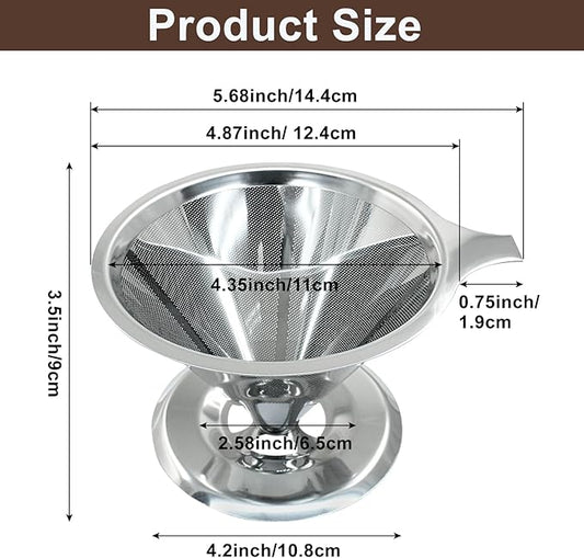 Waziaqoc Pour Over Coffee Dripper, Slow Drip Paperless Coffee Filter, Stainless Steel Pour Over Coffee Maker for 1-4 Cups Brew, Double Mesh Design of Manual Reusable Cone Filter