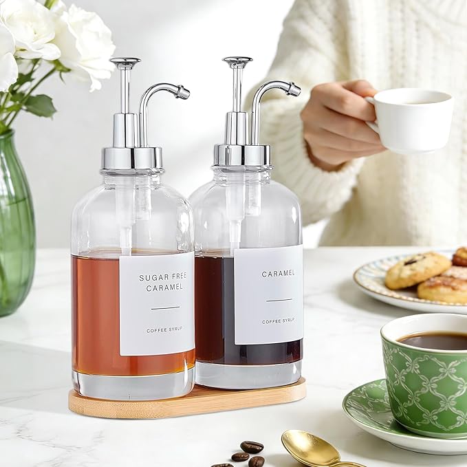 Coffee Syrup Dispenser Coffee Bar Accessories 16.9 oz Syrup Dispenser with Labels, Syrup Pump Dispenser for Coffee Bar(Silver Pump)