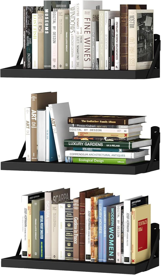 upsimples Floating Book Shelves for Wall, 15.7 Inches Wood Shelves for Living Room, Bathroom, Bedroom, Kitchen Storage and Decoration, Black