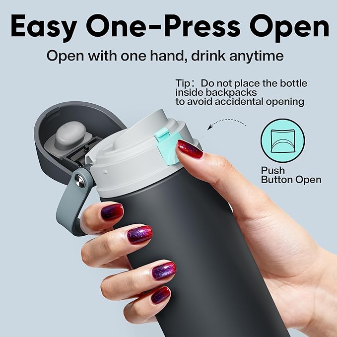 Insulated Water Bottle with Straw - Encool Stainless Steel Water Bottle with Push Button Lid, Leak-Proof & BPA-Free, Keeps Cold for 24 Hours for Sports, Travel, Gym (18 oz, Tuna Grey-Green)