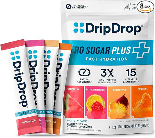 DripDrop Zero Sugar Plus - Sugar Free Hydration Packets - Single Serve Electrolytes Powder Drink Mix - Raspberry Lemonade, Watermelon, Tangerine, Tropical Punch - Non-GMO, Gluten Free, Vegan- 8 Sticks