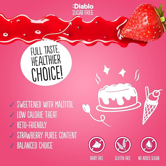 Diablo Strawberry Dessert Sauce | No Added Sugar | Gluten Free | Diabetic Friendly | Hamper Available - Perfect for Gifting | 355g 12.52oz