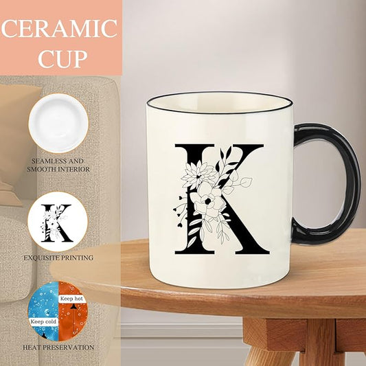 Monogram Ceramic Coffee Mugs, 11 oz Initial Drinking Cup with Gift Box, Unique Birthday Valentines Day Gifts for Women Wife Mothers Day Grandma Mom Aunt, K