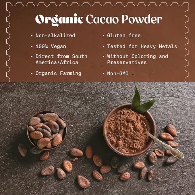 NaturaleBio Cacao Powder Organic 14oz. Unsweetened, Non-Alkalized and Pure. Cocoa Powder Substitute with Rich Dark Chocolate Flavor. Non-GMO, Gluten Free, Tested for Heavy Metals. From Raw Cacao Beans
