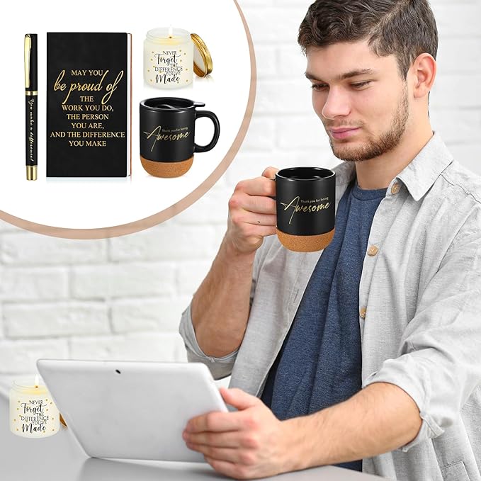 4 Pcs Thank You Gift for Men Women Employee Coworker Inspirational Appreciation Notebook Coffee Mug Scented Candle Pen Gift for Valentine's Day Team Office Staff Teacher Volunteer(Black)
