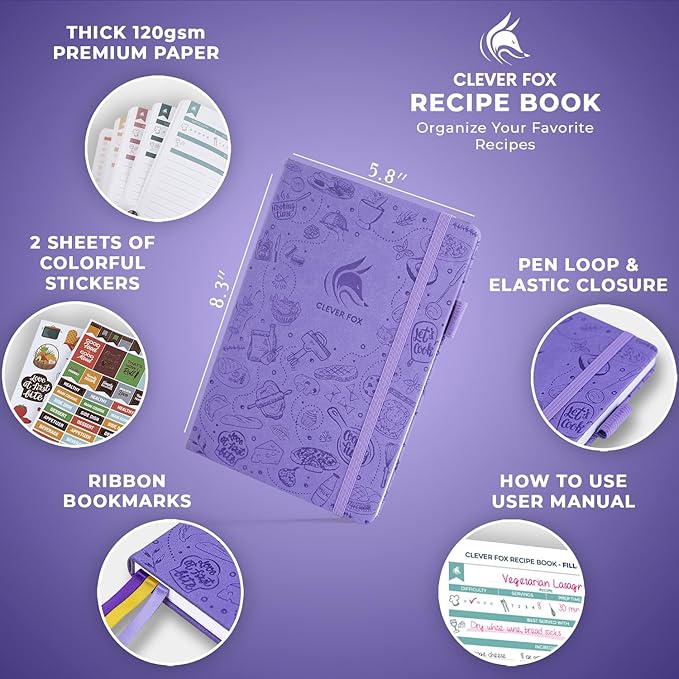 Clever Fox Recipe Book – Blank Family Cookbook – Empty Cooking Journal – Notebook Organizer to Write In Recipes – Medium, A5 (Lavender)