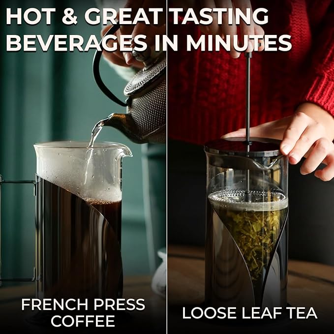 Cafe Du Chateau Stainless Steel French Press Coffee Maker 34 oz - Easy to Use Insulated Coffee Press with 4-Level Filtration, Manual Brewer for Tea, Camping & Travel with BPA Free, Durable Clear Glass