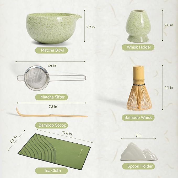 Japanese Matcha Tea Ceremony Set - 7 Piece Complete Matcha Whisk Set with Ceramic Bowl, Bamboo Whisk (Chasen), Sifter & Accessories - Green