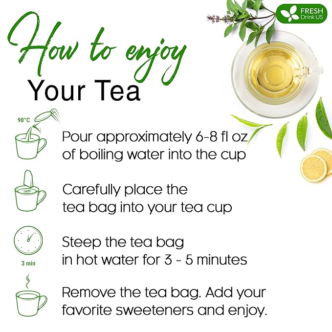 FreshDrinkUS, Premium 135 Tulsi Green Tea Bags, 100% Natural, Blend of Tulsi Holy Basil Leaves, and Green Tea Leaves. Made with Natural Material Tea Bags. No Sugar, Vegan.