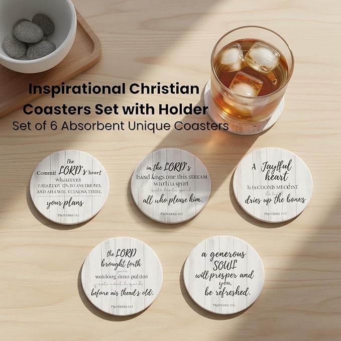 Christian Coasters Set of 6 with Holder– Ceramic Absorbent Drink Coasters for Coffee Table Desk, Modern Cute Moisture Absorbing Coasters, Christian Gifts Alternative to Cork, Silicone or Glass Coaster
