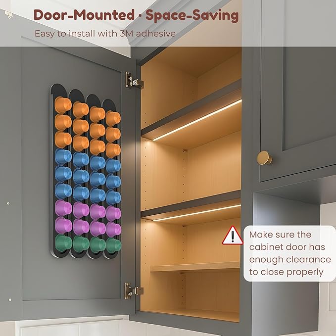 Bamboo Coffee Pod Holder, Adhesive Wall Mount (No Drilling) for Cabinet Door, 36-Capsule Storage (Set of 4) — Vertical/Horizontal — Compatible with Nespresso Original Line-Black